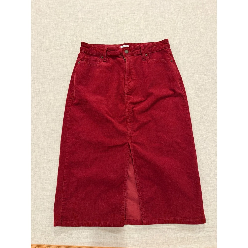 Time and Tru Burgundy Corduroy Midi Skirt Red High Waist Front Slit Size 10